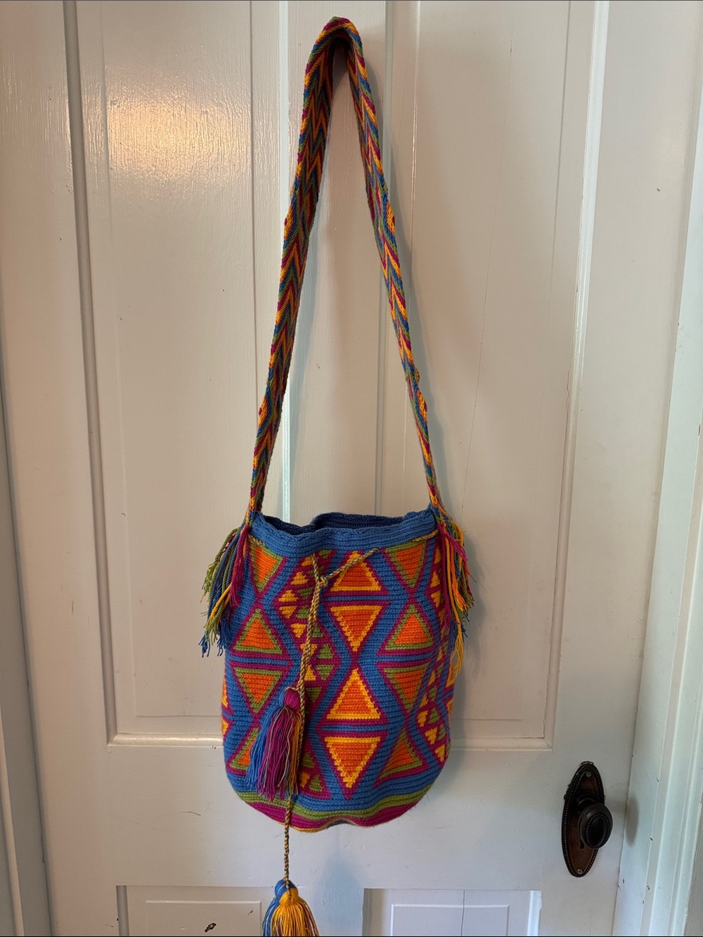 Vibrant Handwoven Crossbody Bucket Bag - Blue & Multicolor